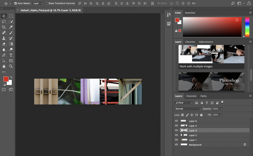 This is my Photoshop interface for putting my name together on one canvas