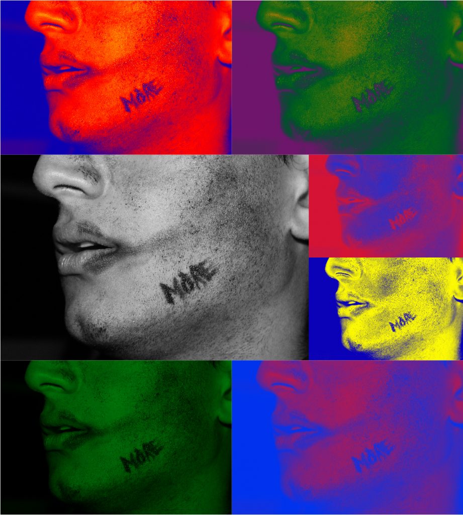 collage of the same photo or lips with more written on the face. Each picture is different color scheme. There are 7 for the deadly sins