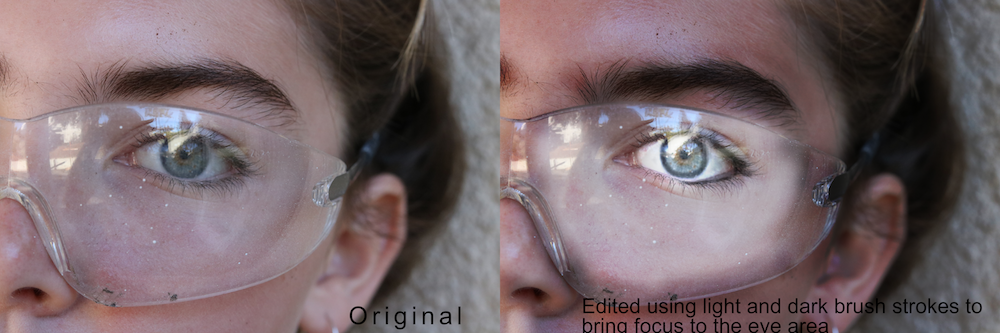 The photo on the left is a close up of a quarter of a girl's face and eye with clear painter's glasses. The photo on the right is edited using black and white brush strokes to bring natural focus to her eye.