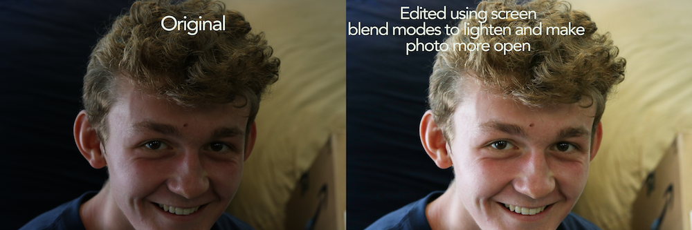 Ahead of a boy smiling is a dark photo, so on the right it is edited to appear lighter and draw more focus to his face.