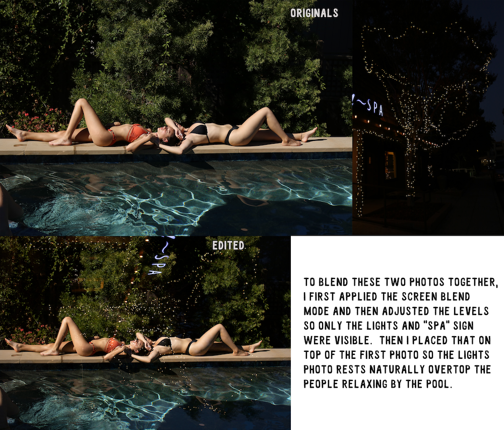screen blend mode photo of people suntanning by the pool and a spa building