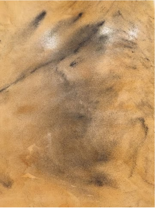 A painting that is yellow with dust on it 