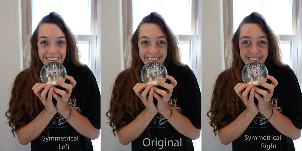 3 photos of my sister looking straight at the camera, holding a snow-globe in front of her chin. The left image has her face flipped to the left symmetrically, the right image has her face flipped to the right symmetrically, and the middle picture is the original picture.