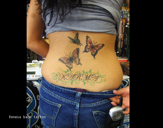 Karma back tattoo with butterflies