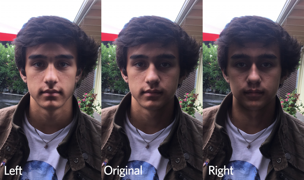 Photo of three faces of the same person. Each showing symmetry from the left, right and original. 