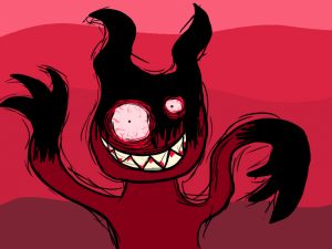 A wiggly red demon smiles evil.