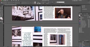 The image shows the InDesign application of the production of the documentary book