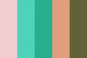 The image shows a color palette of pinks and greens