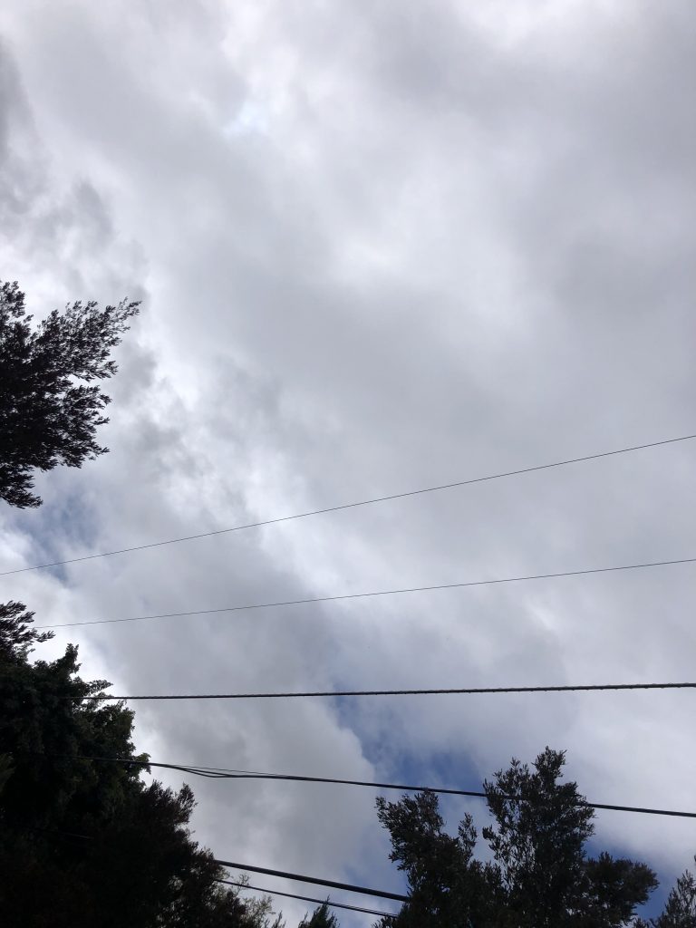 The image shows the sky that is mostly cloudy with some blue coming through. 